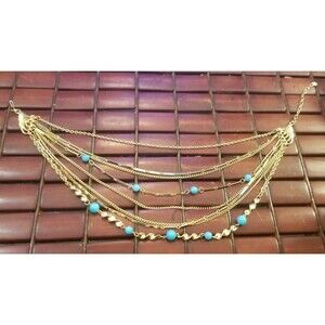 Vintage Eight Strand Gold Tone Necklace with Robins Egg Blue Beads 15"-18"